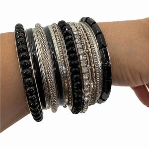 Black-Silver Multi-Layer Bracelet Stack Rhinestone Bangle Set Statement Jewelry